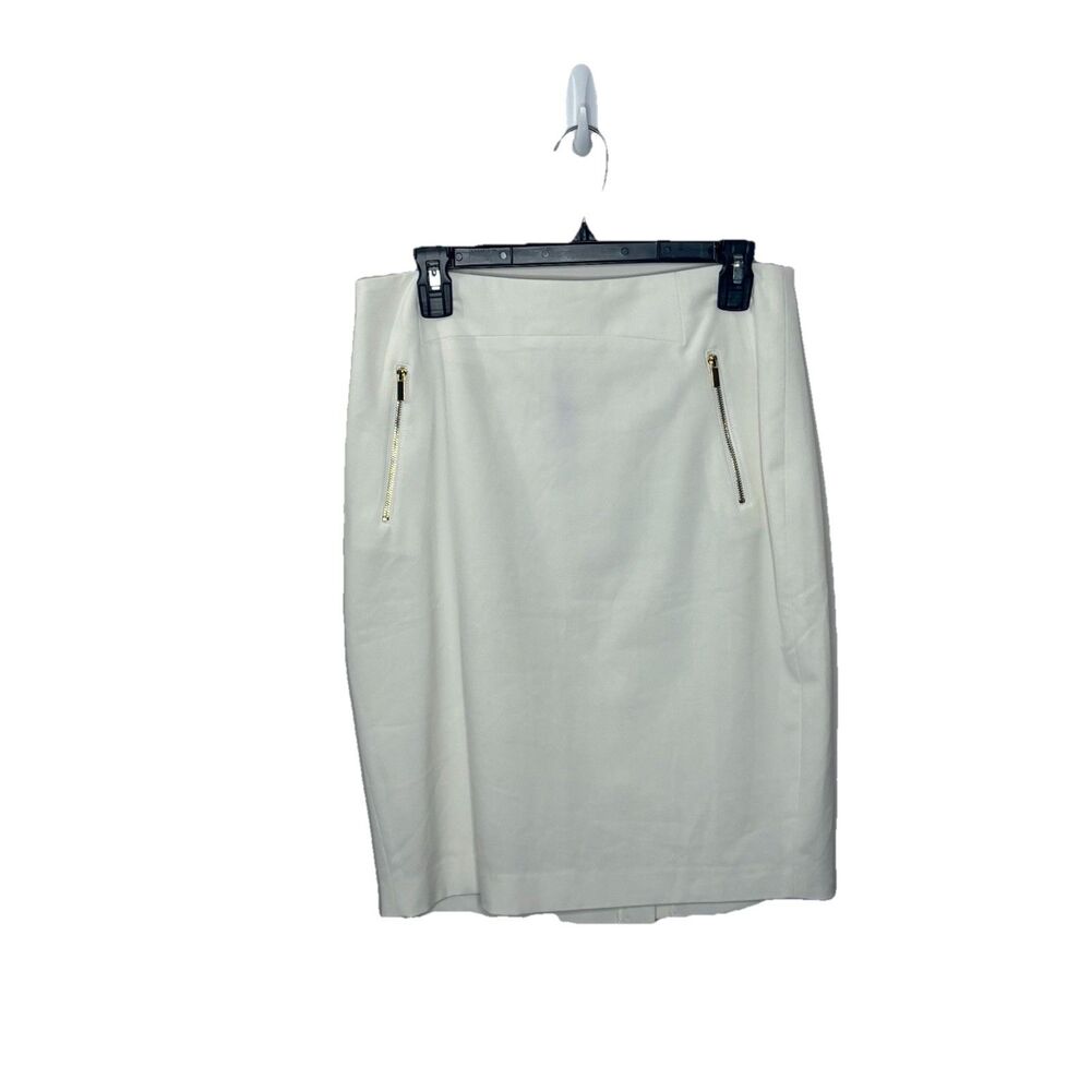 CARMEN Carmen Marc Valvo White Pencil Skirt Gold Zippers Back Pleat Size 8